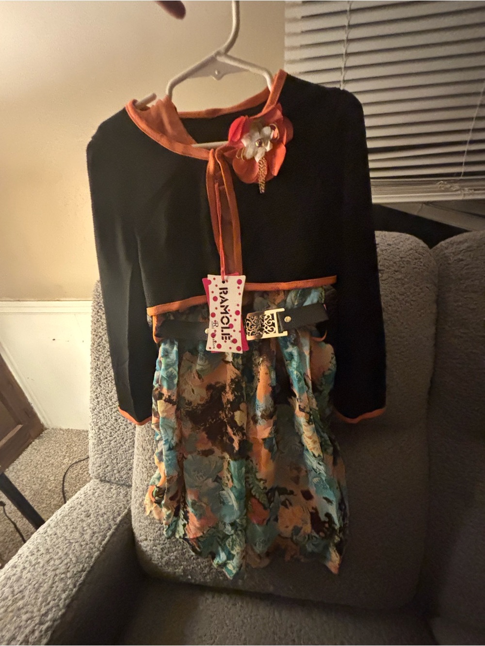 Girls Black and Orange Trim Floral Dress with Decorative Flower Accent